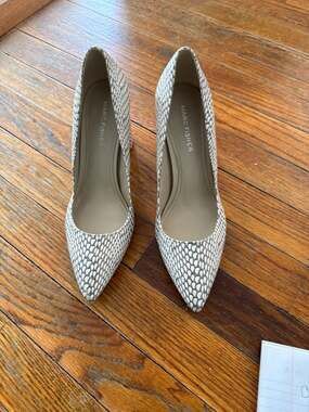 Marc Fisher Zala Block Heel Pointed Toe Pumps in White/Gray Snake Print